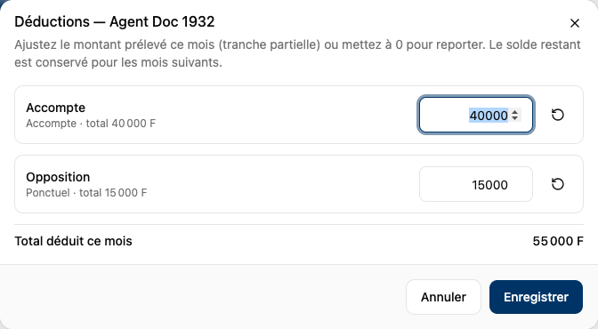Éditeur de déductions permettant d'ajuster ou de reporter chaque source