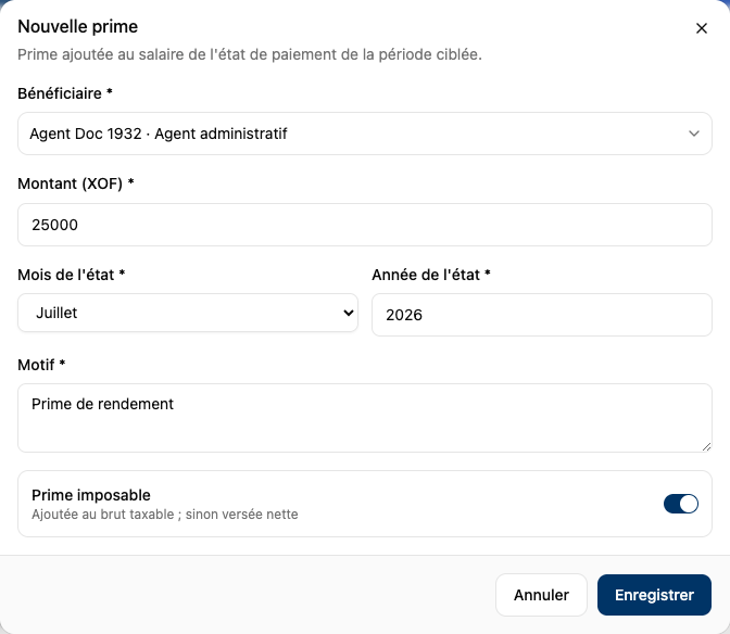 Formulaire de création d'une prime